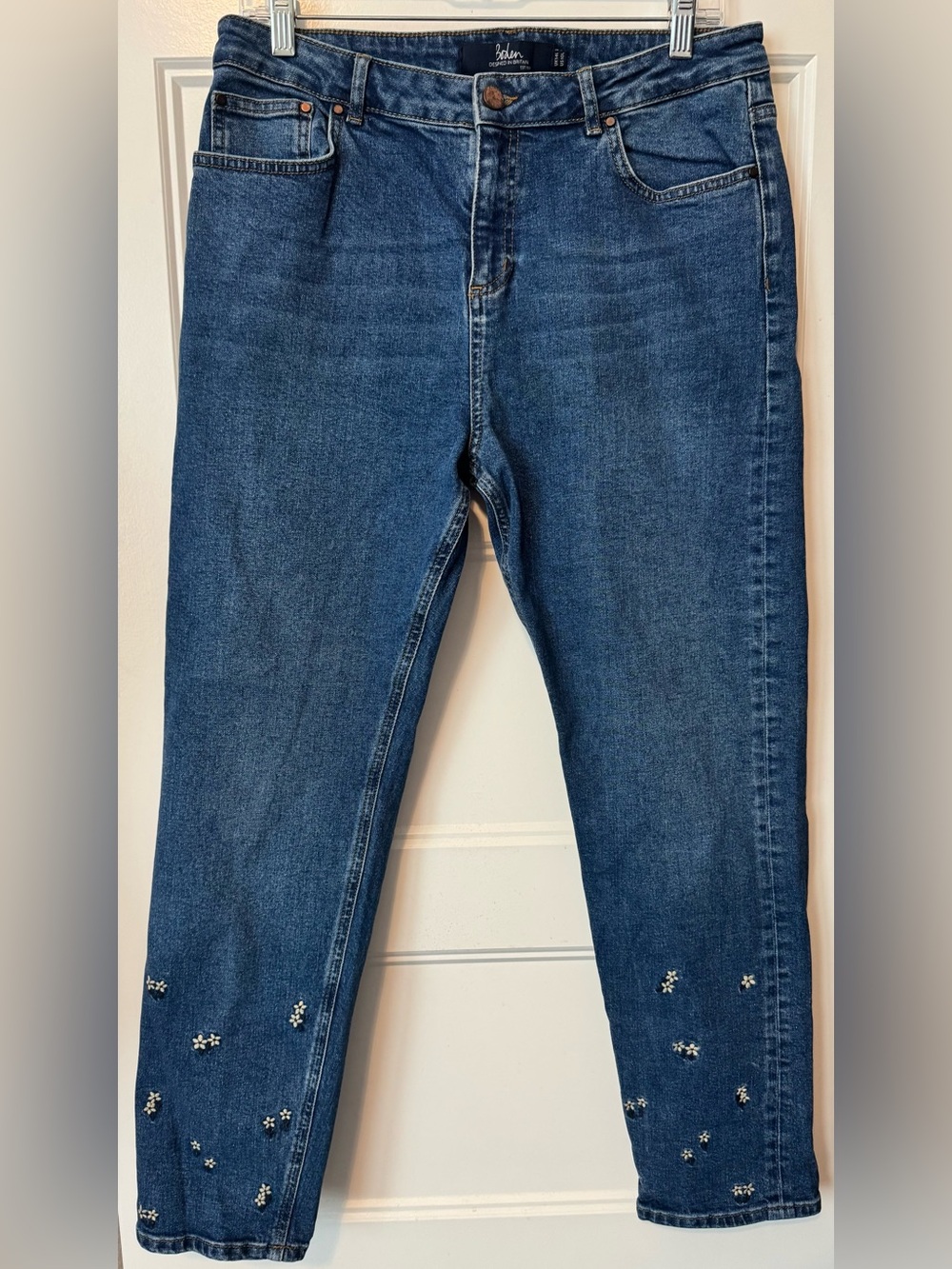 Boden Embroidered Floral Ankle Jeans Blue Straight Leg Stretch US 10L
